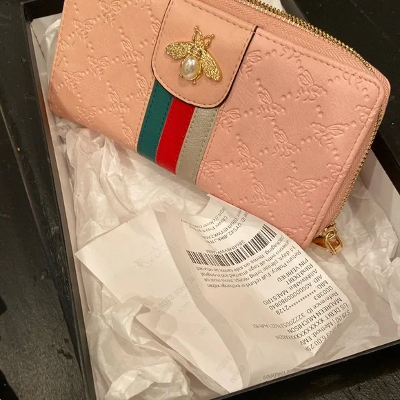 Pink and Green Honey bee Wallet with Gold Hardware and Structured Design - Picture 7 of 9